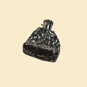 Vintage 1940s mesh coin pouch, silver-toned circular expandable pouch floral lid